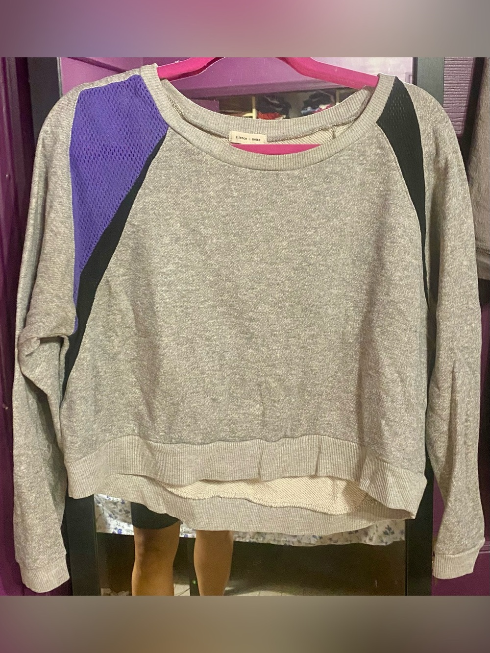 silence + noise Gray Sweatshirt with Purple and Black Accents